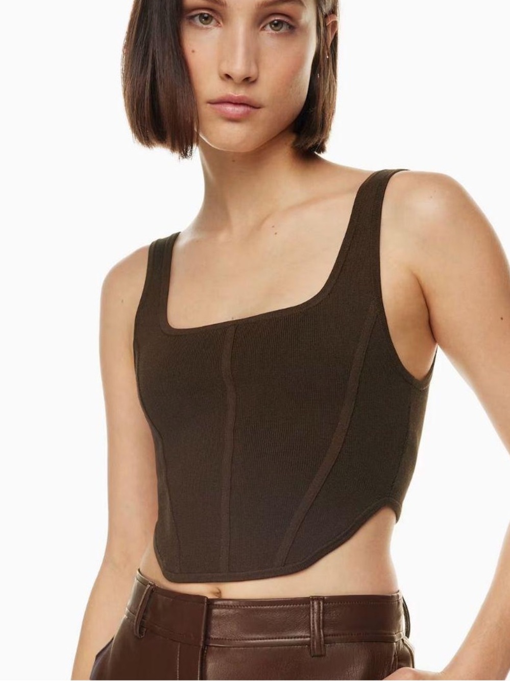 Square Neck Brown Ribbed Crop Tank